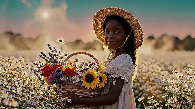 Young woman in a straw hat holding a basket of flowers in a field.