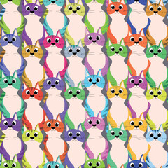 Obraz premium Seamless pattern with funny cute kittens. Different cats on color background. Fashion print for kids, childish texture. Vector illustration for fabric, textile, wallpaper, home clothing, pajama.