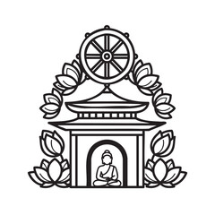 Buddhist shrine illustration with dharma wheel and lotus flowers