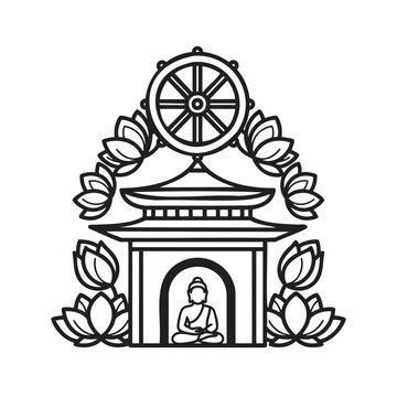 Buddhist shrine illustration with dharma wheel and lotus flowers