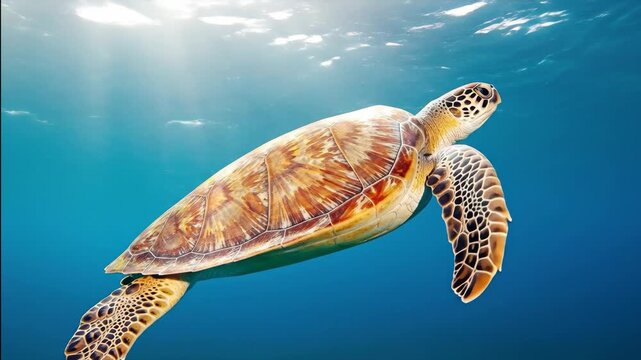 Graceful Sea Turtle Gliding Through Crystal Clear Blue Ocean Waters with Sun Rays.