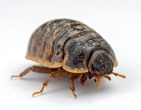 Macro shot of a brown, armored terrestrial crustacean. It has a segmented body, tiny legs, and prominent eyes