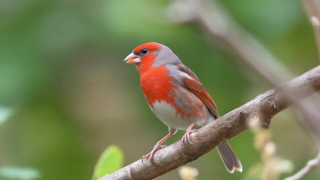 Cute bird. Eurasian Crimson winged Finch. Rhodopechys sanguineus. Nature background. 