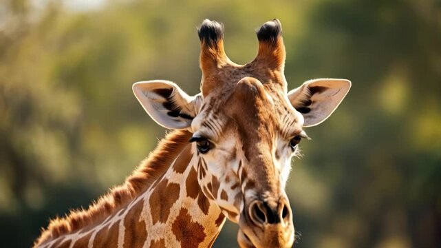 Close-up of a majestic giraffes head and neck in golden hour sunlight, showcasing its unique spotted pattern and gentle expression in a natural outdoor setting.
