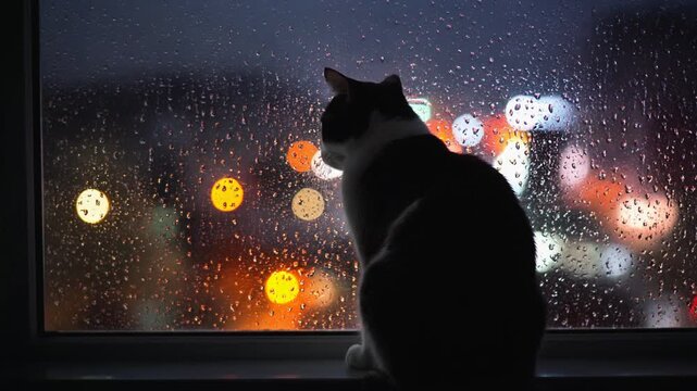 Katze als Silhouette am Fenster beobachtet Regentropfen bei Nacht