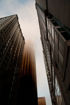 USA, California, San Francisco.  Low angle view of the Bank of America building in the gathering fog, corner of Pine and Kearny