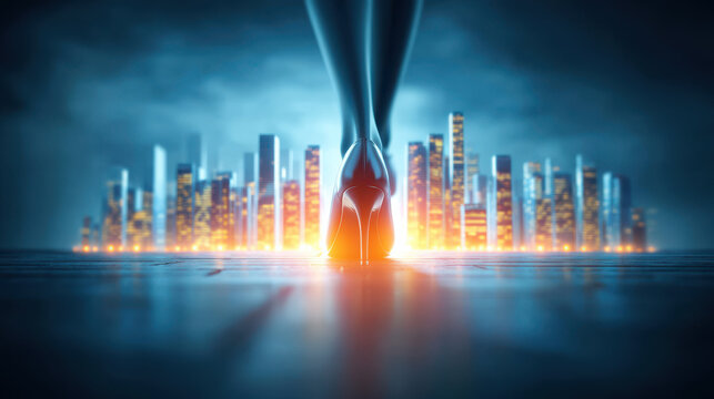 Sleek high heel stepping toward illuminated city skyline, glowing reflection on wet pavement, dramatic low angle evening light