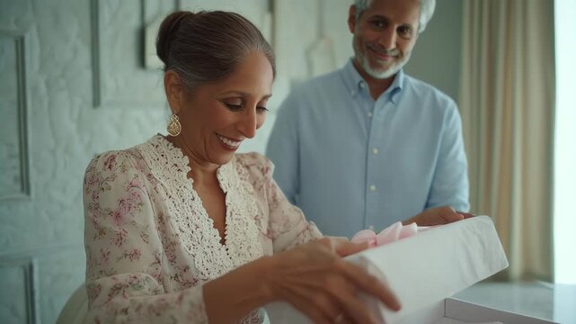 Elegant senior woman opening gift. Loving husband watches with care. Celebrating special occasion, perhaps anniversary. Warm, intimate, heartfelt moment. Family, relationships, gratitude.