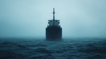Fototapeta premium A large ship sails through dark, foggy waters, creating an eerie and mysterious atmosphere.