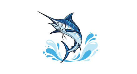 Obraz premium Dynamic Blue Marlin Fish Leaping Energetically from the Ocean Water, Creating Exciting Splashes, Rendered in a Lively Cartoon Style.