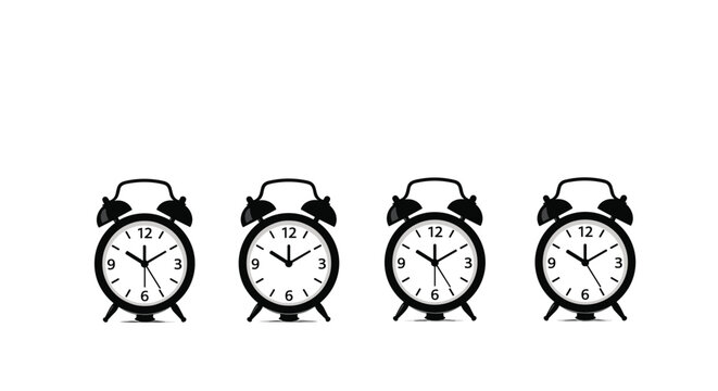 Uniform row of four identical black alarm clocks displaying different times, representing consistency, repetition, and the passage of time.