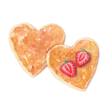 Watercolor Heart Pancakes with Fresh Strawberries, Valentine's day sweet breakfast
