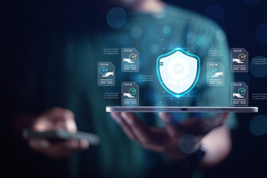 cybersecurity concept Business man shows how to protect cyber technology network from attack by hackers on the internet. Secure access to privacy through smartphones Meta protection.
