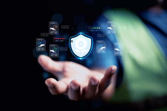 cybersecurity concept Business man shows how to protect cyber technology network from attack by hackers on the internet. Secure access to privacy through smartphones Meta protection.
