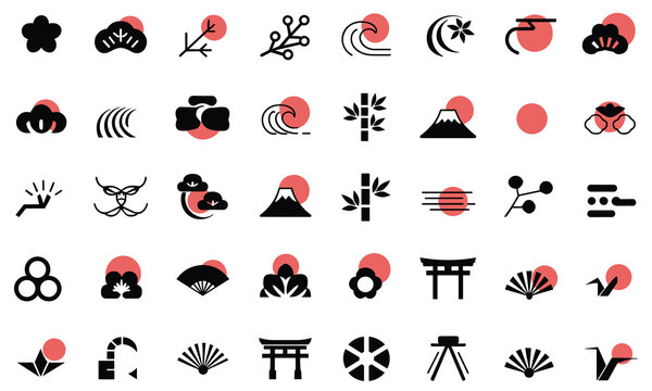 Striking collection of essential Japanese cultural and New Year icons, featuring Mount Fuji, Torii gates, pine, bamboo, and fans in a bold, minimalist black and red vector graphic design.