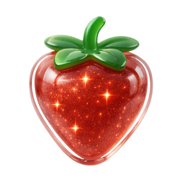 PNG Glittering strawberry with green leaves.