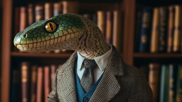 Lizard in suit explores library: humorous reptile adventure