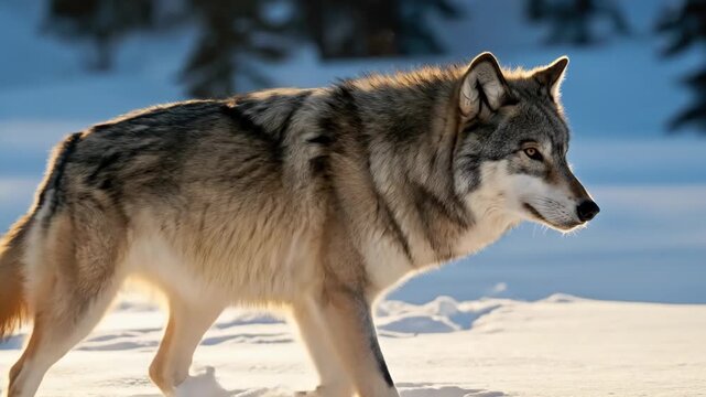 Majestic Gray Wolf Roaming in a Serene Winter Wonderland.