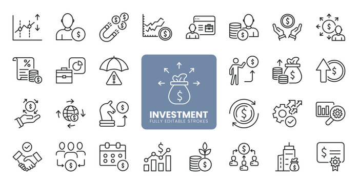 Investment and finance web line icon set with profit portfolio assets stock management financial growth and money strategy. Editable stroke