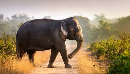 Fototapeta premium an asian elephant walking trunk raised