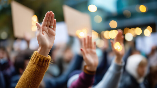Hands at public demonstration with protest signs group participating in social movement gathering shown advocacy celebration with public participation visible outdoor urban