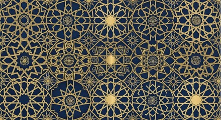Luxurious Gold Islamic Pattern on Dark Blue Background, Elegant Geometric Design