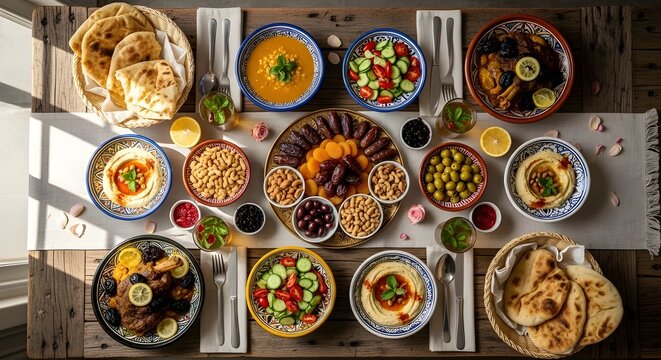 Middle Eastern Cuisine Spread on Wooden Table with Flatbread and Dips