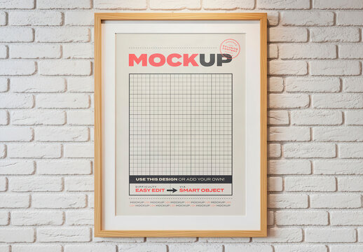 Simple Elegant Wooden Frame Poster Mockup on White Brick Wall