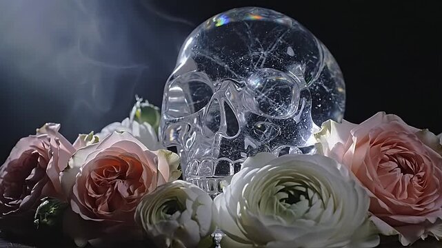 Crystal ball surrounded by roses on a dark background.