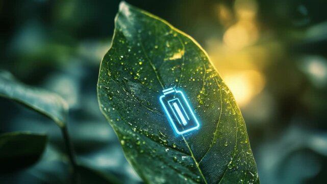 Futuristic technology integrated with nature: glowing battery icon on dewy leaf
