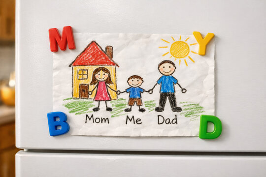 Child&rsquo;s drawing of family on fridge with letter magnets