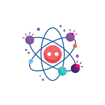 Vibrant flat design illustration of an atomic structure with orbiting particles, representing science and innovation concepts