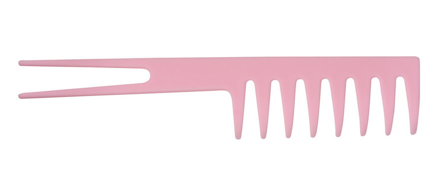 A pink barber comb with wide, sparse teeth and a long, forked handle.