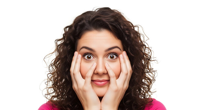 Shocked young woman with curly hair holding her face in hands isolated on white background