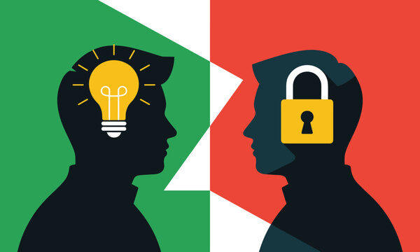 Conceptual vector illustration contrasting an open, creative mind with a bright lightbulb idea and a closed, restricted mindset secured by a yellow padlock.