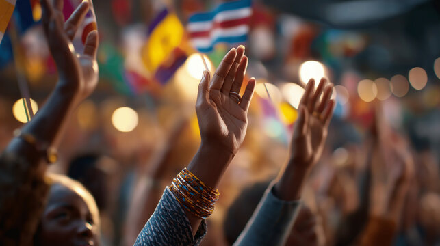 Hands celebrating diversity and empowerment worldwide global gathering embracing inclusivity and equality shown celebratory event with worldwide participation visible festive