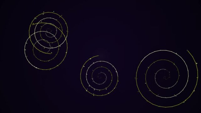Abstract drawing golden glowing spirals dark background loop