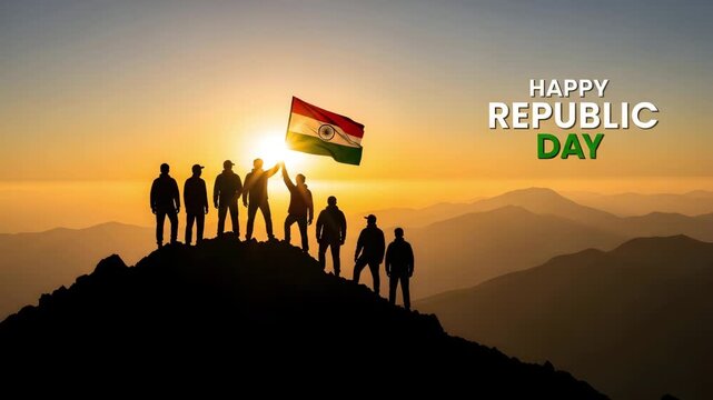 Group People Celebrating Republic Day Sunset Mountain Flag Patriotic Silhouette Nature Sunrise 4K HD high quality video.
