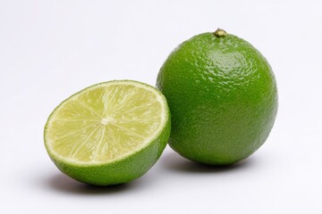 Whole and sliced lime on white background with vibrant green color