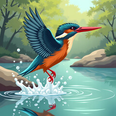 Fototapeta premium common kingfisher diving into river water to catch fish