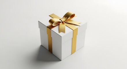 Obraz premium A white gift box with gold ribbon and bow on a plain background perfect for special occasions and celebrations