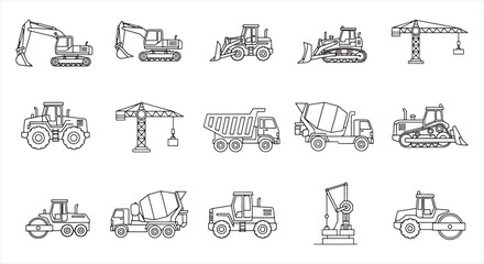 Construction Vehicle Icon Set – Heavy Machinery Line Vector for Engineering and Infrastructure Work © RNB DESIGN