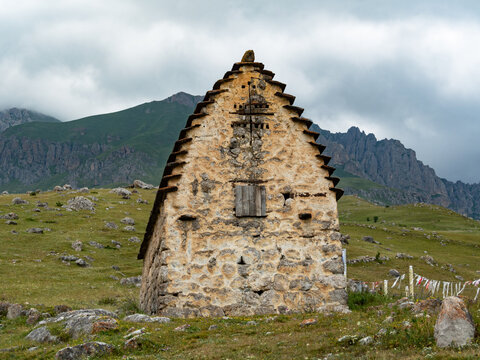 Family tomb in medieval stone Tsimiti complex in Verkniy Fiagdon, the Republic of North Ossetia&ndash;Alania, Russia