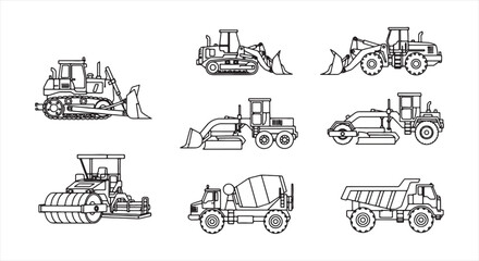 Construction Vehicle Icon Set – Heavy Machinery Line Vector for Engineering and Infrastructure Work © RNB DESIGN