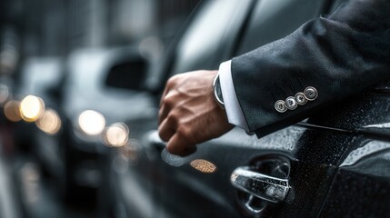 Obraz premium Detail of hand in formal suit opening high-end car door with metallic reflections