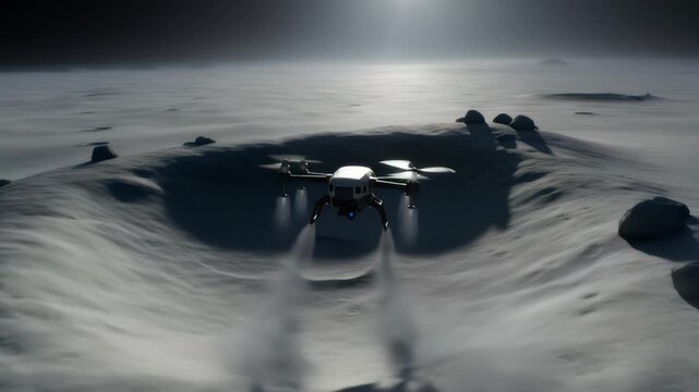 Low Tracking Shot of Autonomous Drone Exploring Desolate Lunar Surface