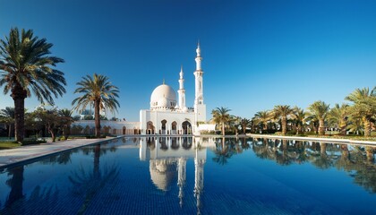Naklejka premium beautiful mosque with palm trees and reflecting pool under a clear blue sky