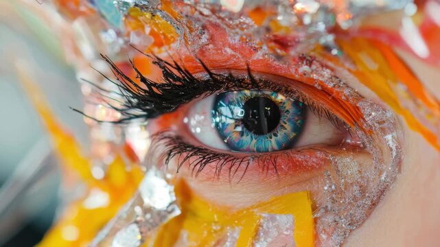Vibrant macro closeup of painted eye with dynamic reflections and glitter effects