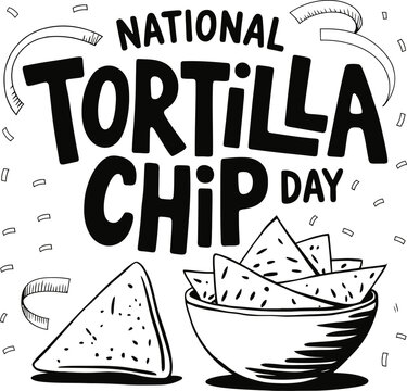 National Tortilla Chip Day hand drawn lettering with nachos bowl and confetti vector illustration