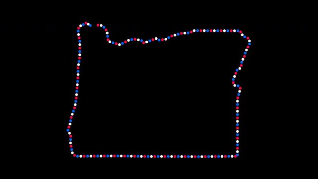 Oregon Map Outline Animation Glowing Red White Blue Dots Forming Border on Black Background for Election News Politics Voting Data Visualization 4K ProRes Digital Cyber HUD Style Broadcast